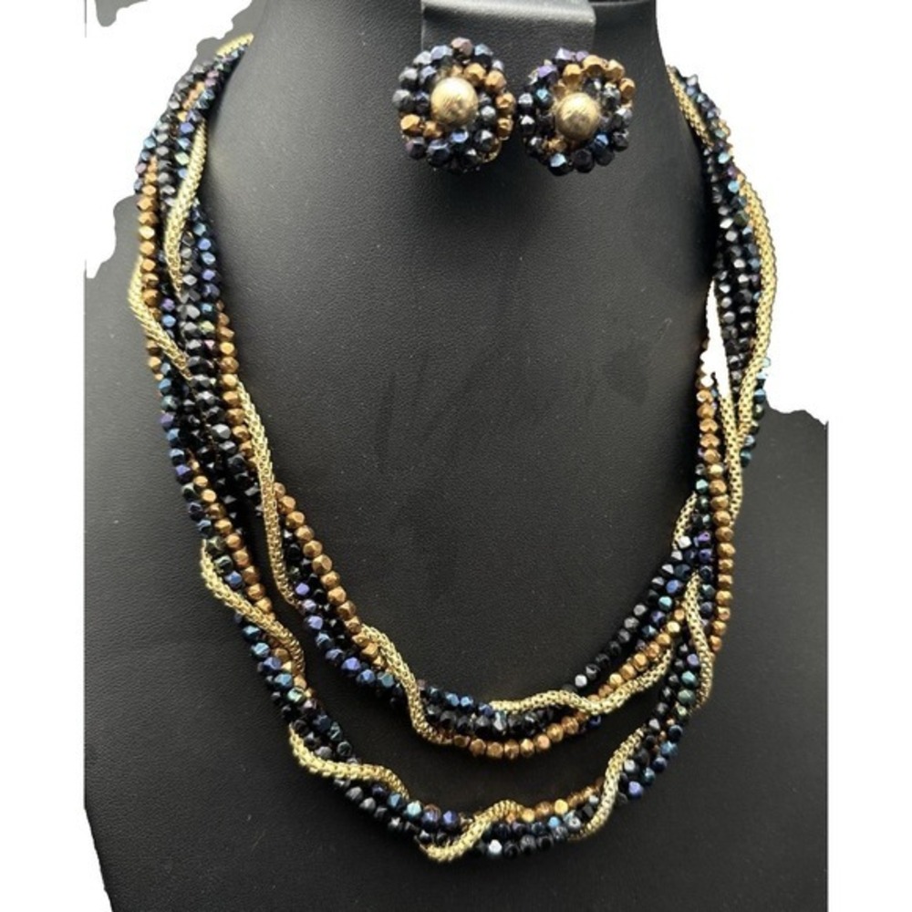 Vtg Beaded Necklace Clip On Earring Set Black Iridescent Copper Gold Tone Twist‎